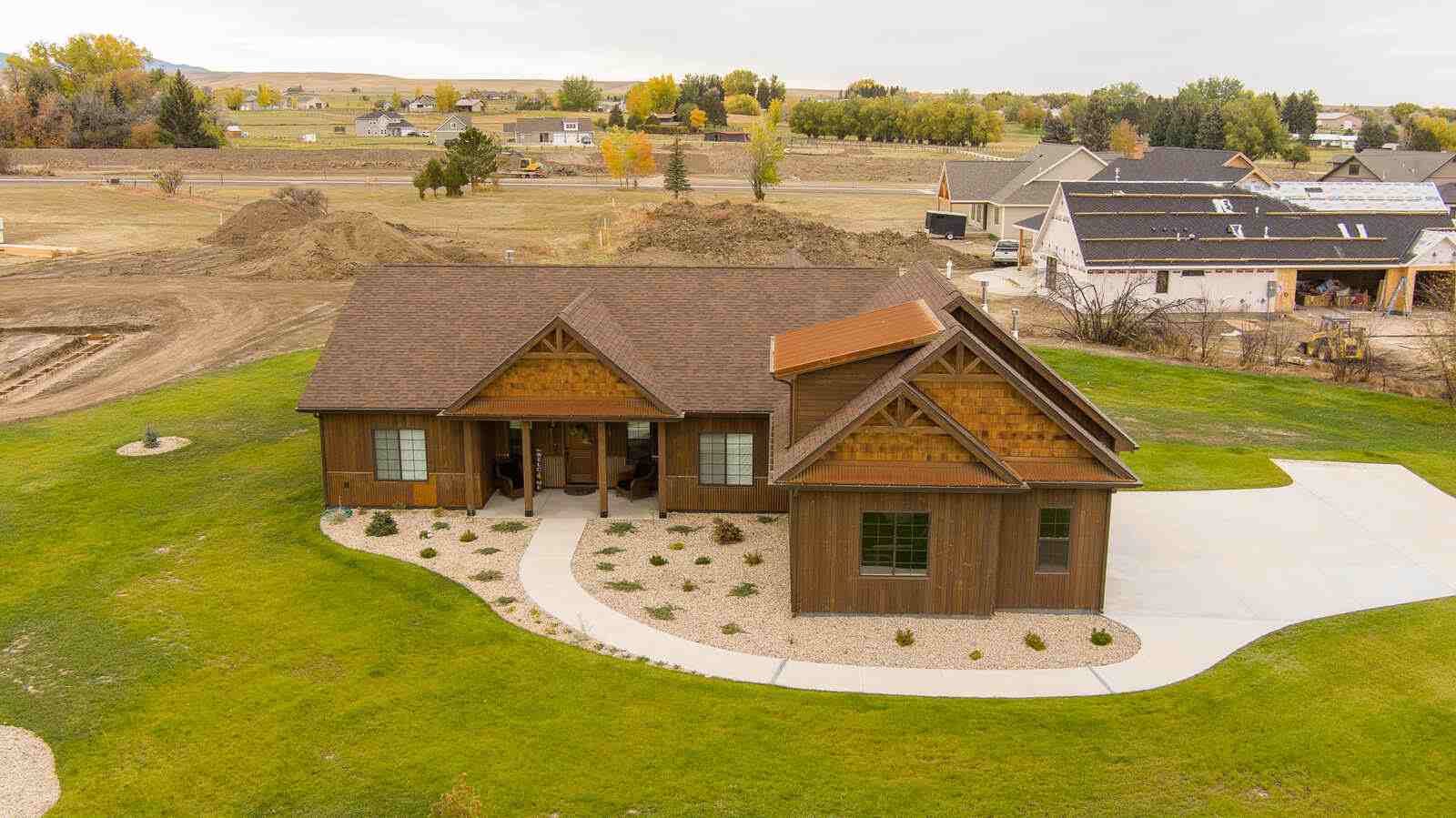 wood exterior custom home aerial in wyoming